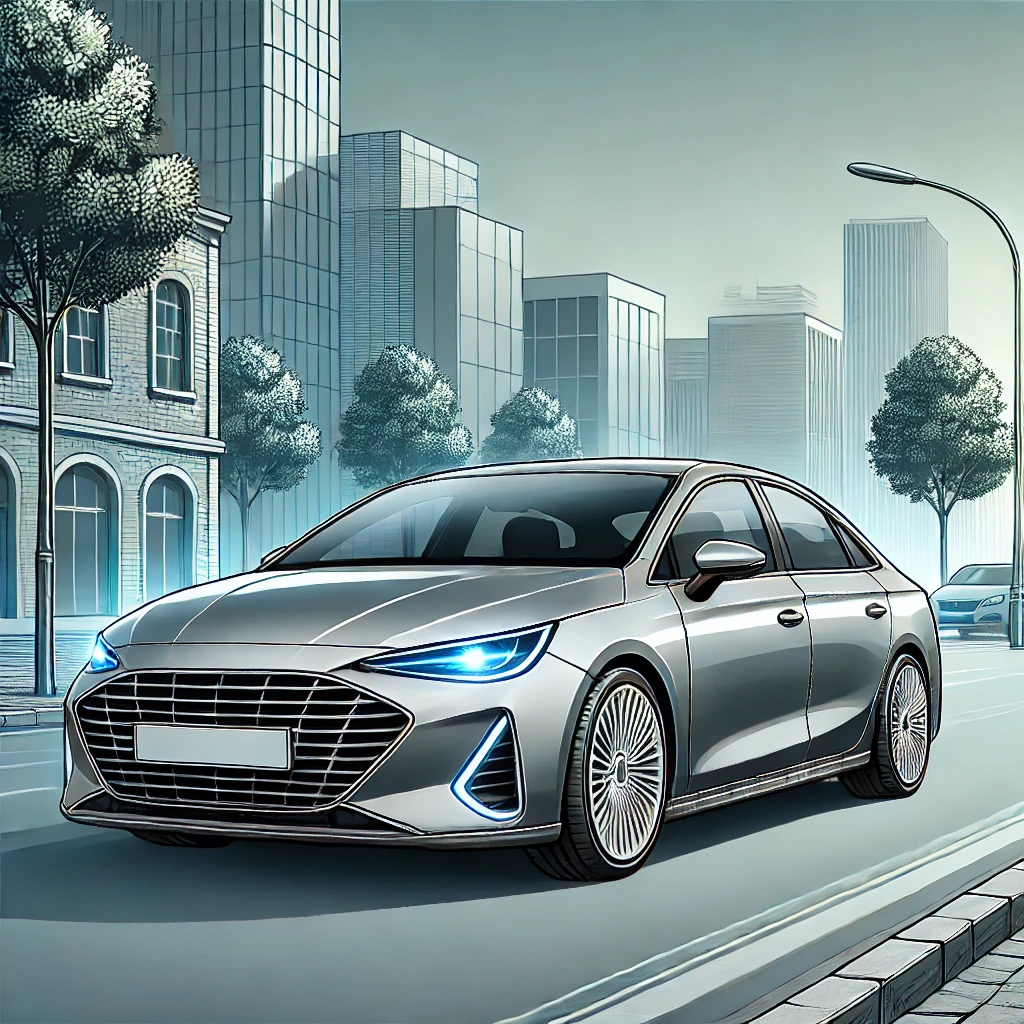 DALL·E 2024-12-10 13.51.11 - A detailed illustration of a modern passenger car with sleek, aerodynamic design, metallic silver body, LED headlights, and alloy wheels, parked on a