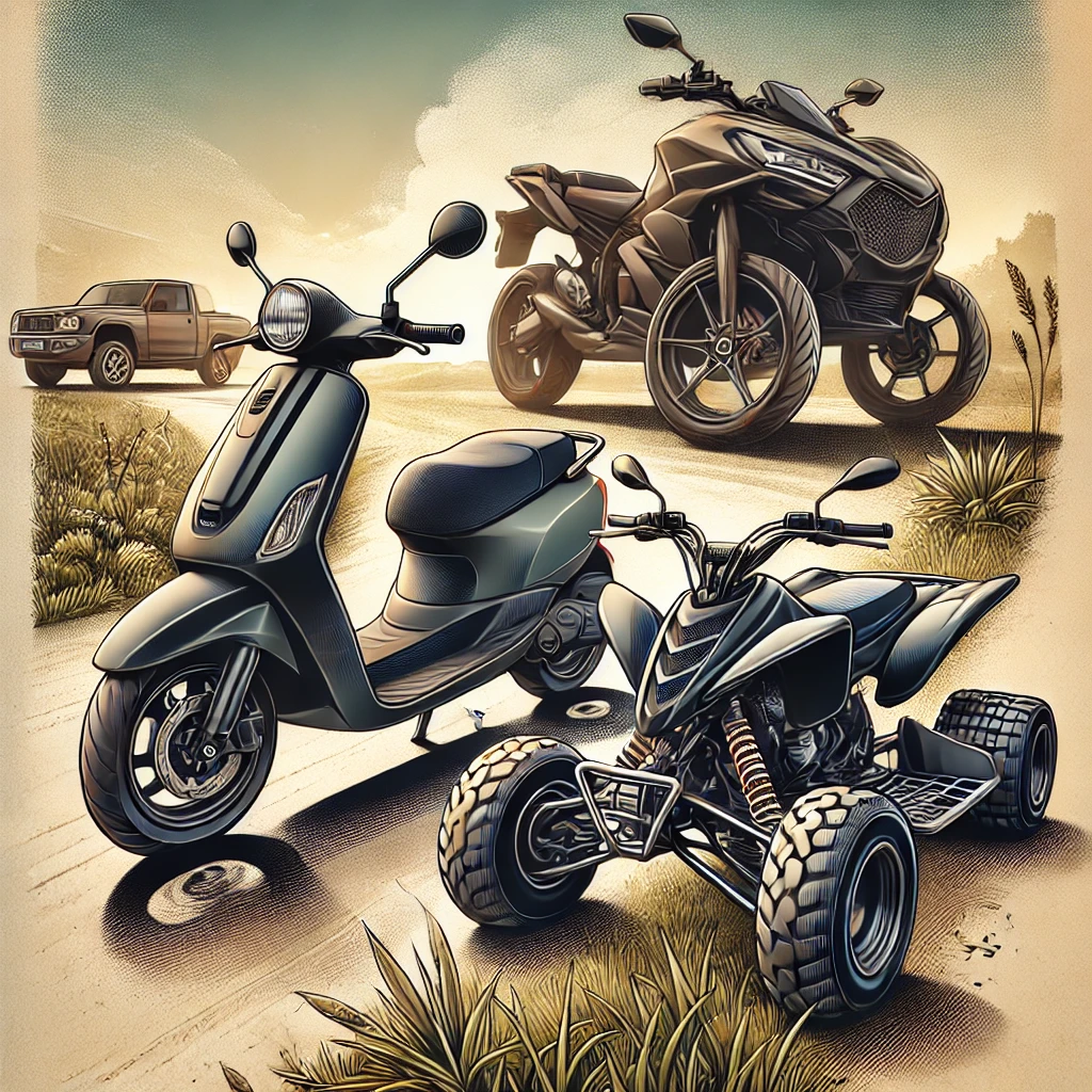 DALL·E 2024-12-10 14.01.35 - A high-quality illustration showcasing a scooter, a motorcycle, and a quad bike displayed side by side. The scooter has a sleek urban design, the moto